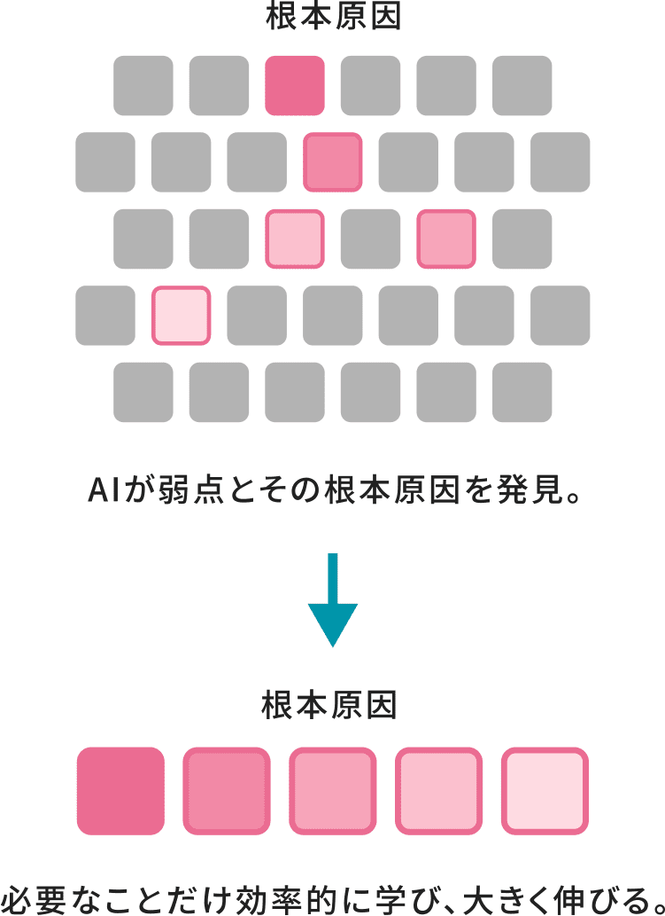 根本原因 AIが弱点とその根本原因を発見。 根本原因 必要なことだけ効率的に学び、大きく伸びる。